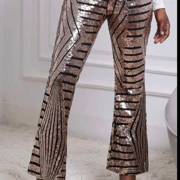 Geometric Sequin Pants, Sequin, Pants, XL, 12, Bell Bottom, high waisted, Bronze - Picture 3 of 6